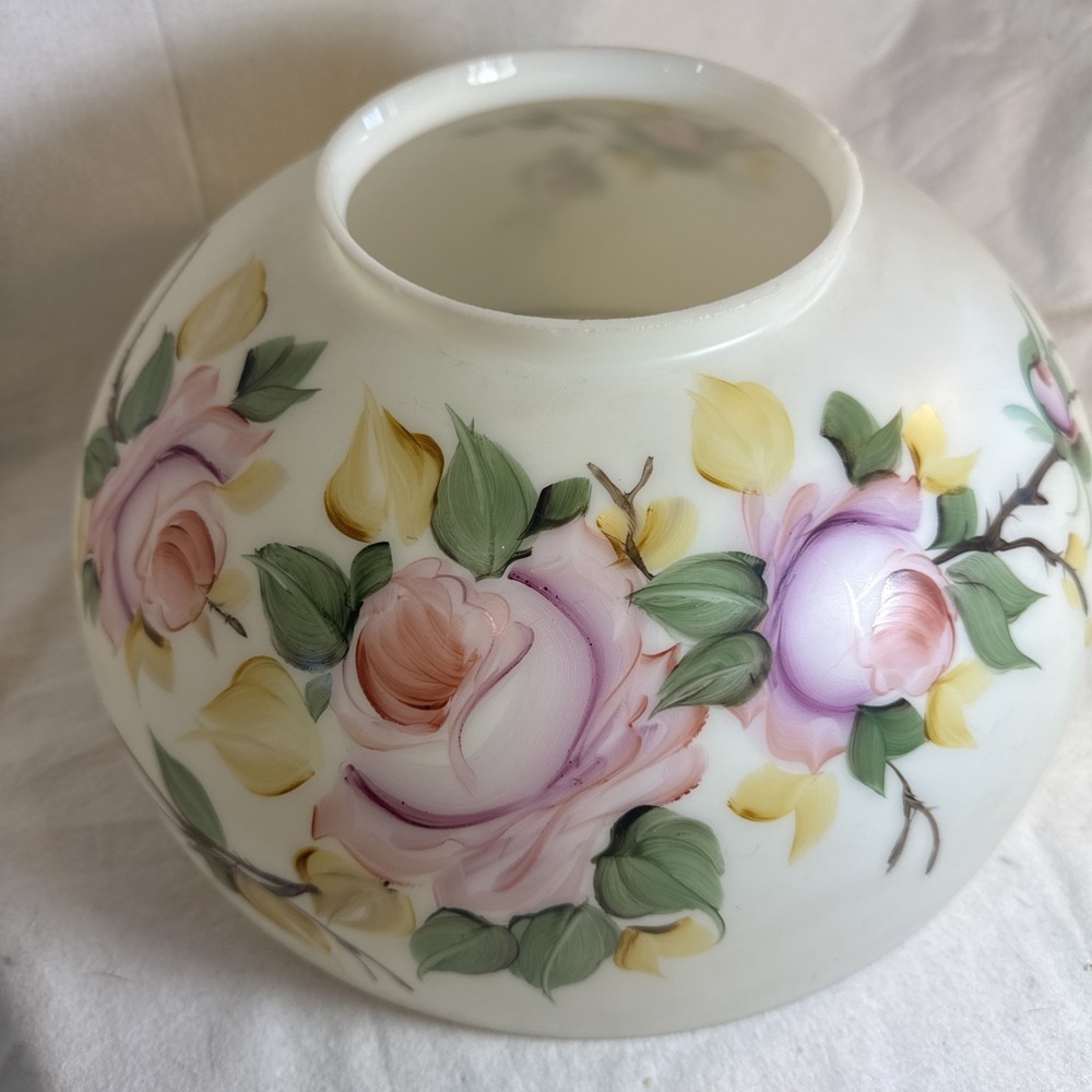 Antique Milk Glass GWTW Lamp Shade Cover Hand Painted FLOWERS Banquet 14" X 7"
